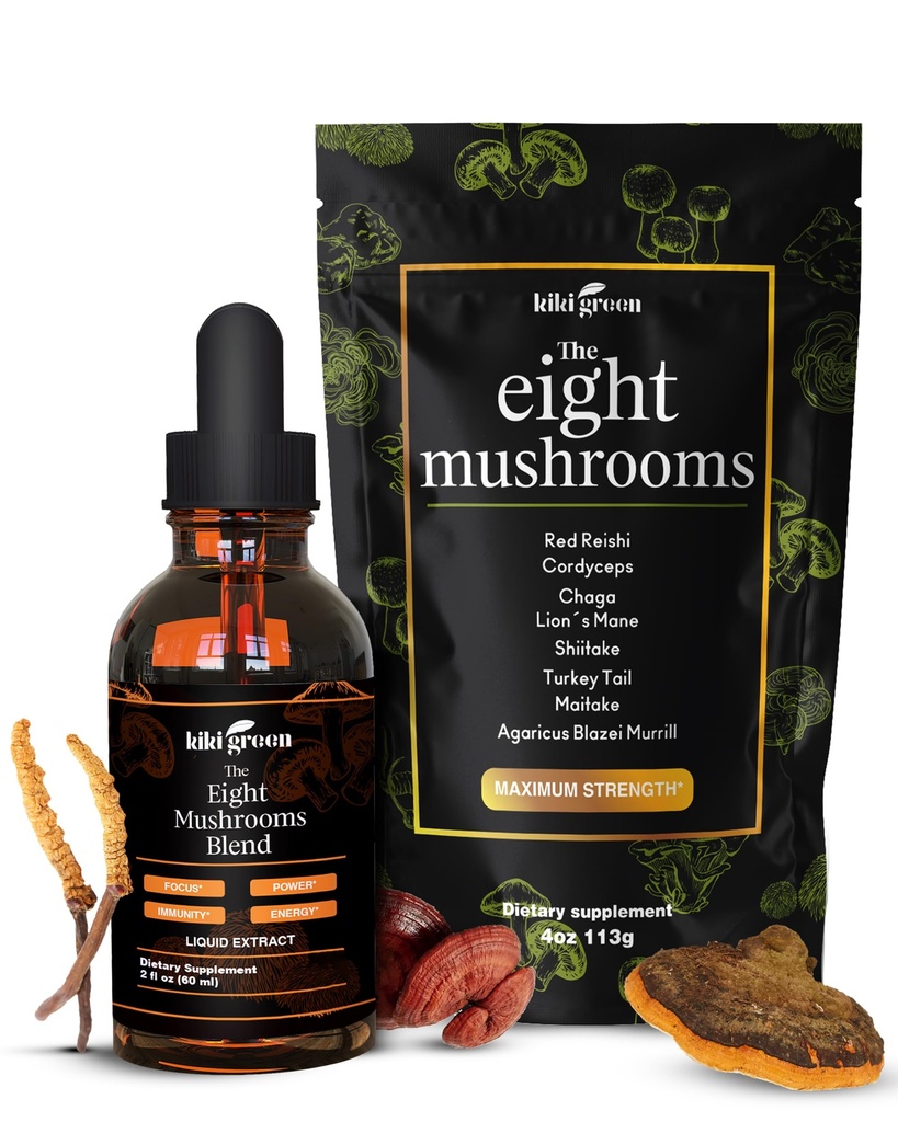 KIKI ירוק 8 Mushrooms אבקת & נוזל לחלץ Bundle - מתחם תוספת Mushroom עבור Focus & אנרגיה - האריה של Mane, Chaga, Cordyceps, טורקיה Tail, Reishi, Shiitake, Maitake - 4 oz, 2 oz oz oz oz oz oz oz, 2 oz oz oz oz oz oz oz oz oz oz oz oz