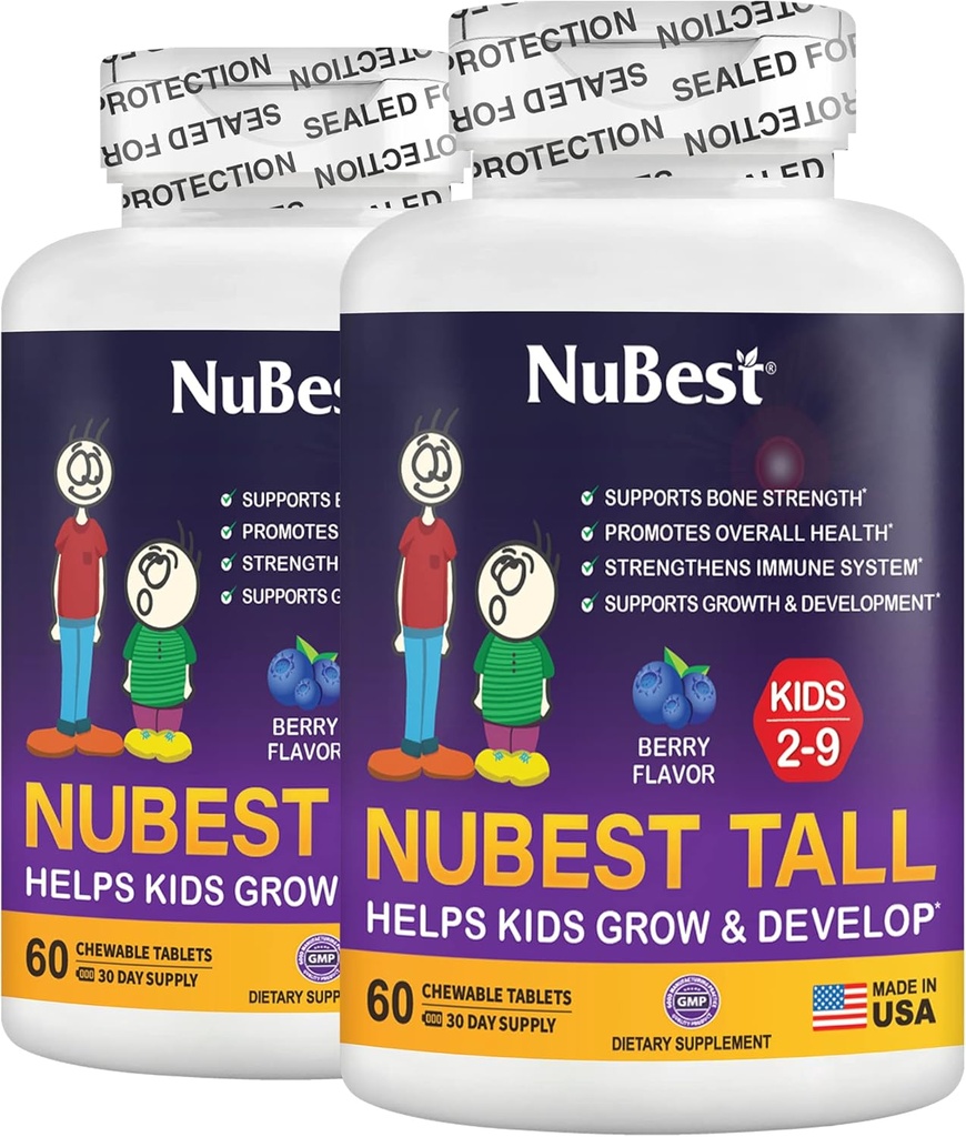 Nu Best Tall Kids - Multivitamins & מינרלים עבור גיל 2 עד 9 - תמיכה בעצמות העצם ואינטימיות - עוזר לילדים, טודלרים בריאים - צורות בעלי חיים - 120 טבליות ברי צ'וגבל | 2 חודשים אספקת מזון