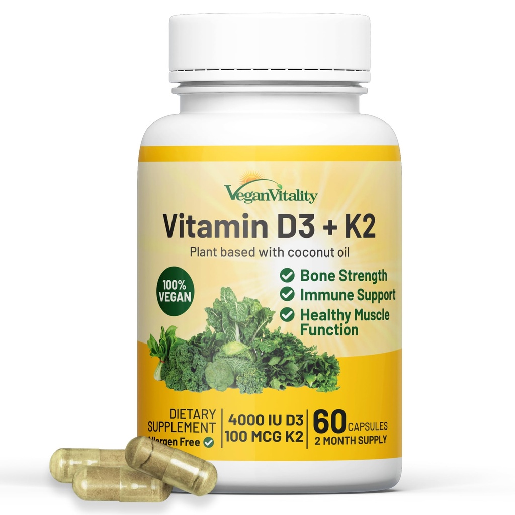 ויטמין D3 K2 4000IU (100mcg) עם שמן קוקוס, 100% צמחי מבוסס ויטמין D עבור טבעוני וצמחוני - 60 קפסולות