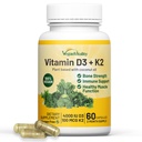 ויטמין D3 K2 4000IU (100mcg) עם שמן קוקוס, 100% צמחי מבוסס ויטמין D עבור טבעוני וצמחוני - 60 קפסולות