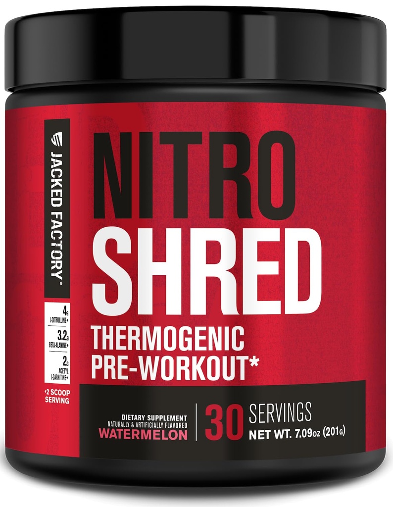 Jacked Factory NITROSURGE Shred Pre Workout תוסף - אנרגיה Booster, מקבלי כוח מיידי, Sharp Focus, Powerful Pumps - Nitric Oxide Booster & PreWorkout אבקת - 30Sv, Watermelon