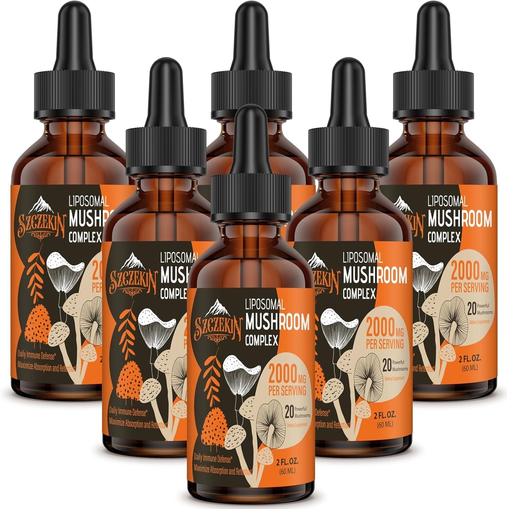 Liposomal Mushroom Complex Drops 2000 MG - 20 מוצרי Mushroom אורגניים - פורמולה נוזלית מתקדמת עבור חסינות, קוגניטיבית וזיכרון - Lions Mane Supplement, Reishi, Cordyceps, Chaga, 180 משרתים