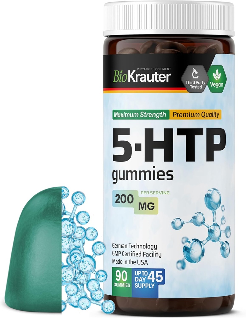 BIO KRAUTER 5 HTP תוספת חניכיים - 200 מ"ג כוח - 90 צ'אדות טבעוניות - תמיכה מרגיעה 5HTP פלוס L Tryptophan - Pectin מבוסס פורמולה
