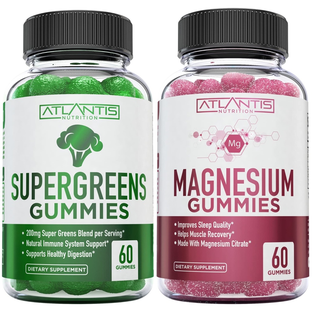 Supergreen & Magnesium Gummies - Magnesium Helps השרירים Recover, Delicious Supergreens with Spinach, Broccoli, Beetroot, Green Tea, & Acai for Immunity Support - 60mies