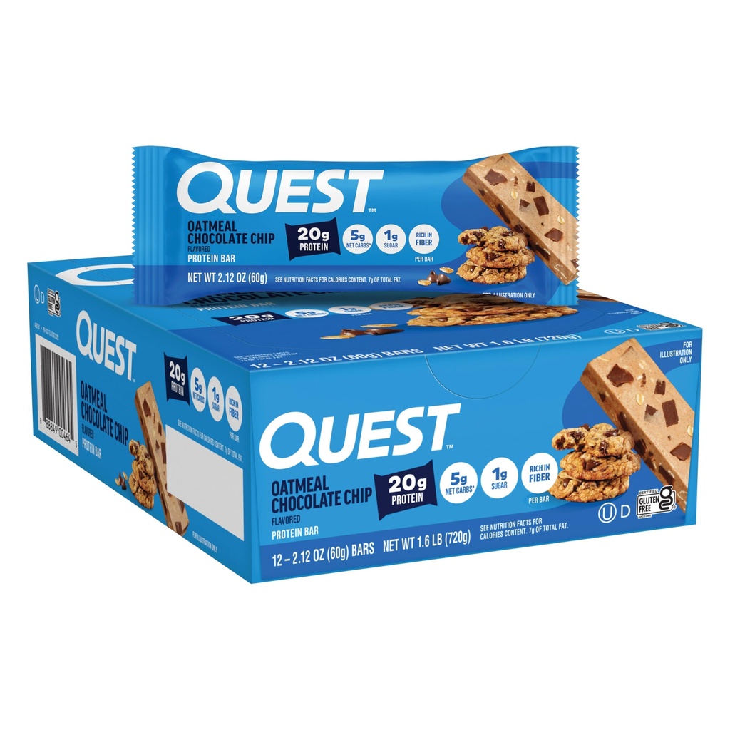 Quest Nutrition Oatmeal שוקולד צ'יפ חלבונים Bars, 20g חלבון, 1g Sugar, 5g Net Carb, Gluten Free, Keto Friendly, 12 Count