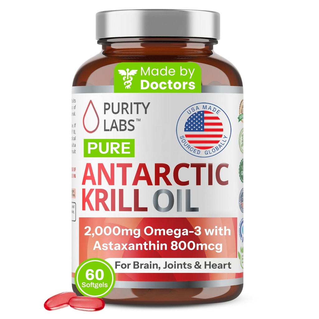 Purity Labs אנטארקטיקה קריל שמן 2000 מ"ג אומגה 3 עם תוספי Astaxanthin 800mcg לתמוך זיכרון עשיר אומגה 3, Fatty Acids, DHA, EPA & Phospholipids - 60 Softgels