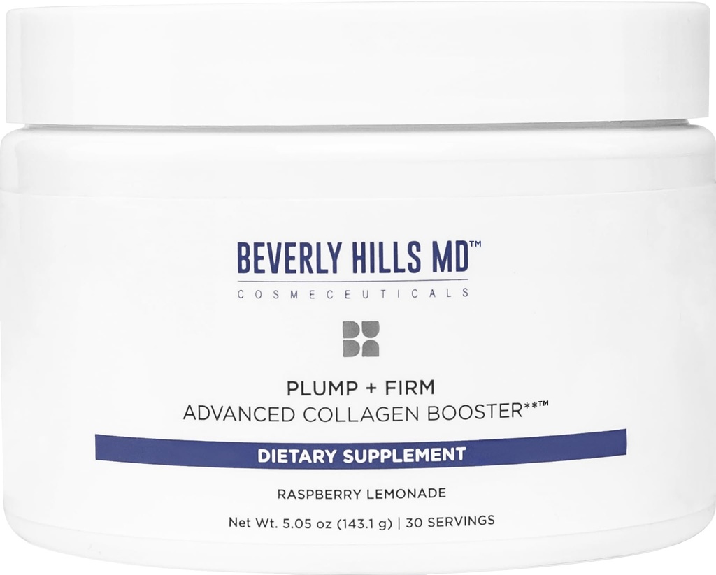 בוורלי הילס MD Plump + המשרד מתקדם Collagen Booster עבור Aging Skin- Foodsent אבקת לשתות פורמולה עבור Plumper, Firmer, Skin w /Collagen פפtides, Polyphenols, Ceramides (Raspberry Lemonade)