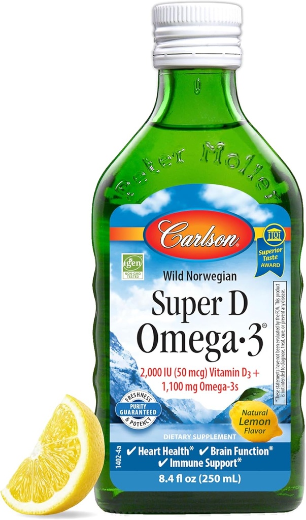 קרלסון - Super D אומגה 3, Wild-Caught Norwegian Cod Liver Oil, 2000 IU (50 mcg) ויטמין D3, מ"ג 1100 אומגה 3s, Sustainly Sourced Nordic Fish שמן נוזלי, לימון, 250 מ"ל
