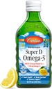 קרלסון - Super D אומגה 3, Wild-Caught Norwegian Cod Liver Oil, 2000 IU (50 mcg) ויטמין D3, מ"ג 1100 אומגה 3s, Sustainly Sourced Nordic Fish שמן נוזלי, לימון, 250 מ"ל