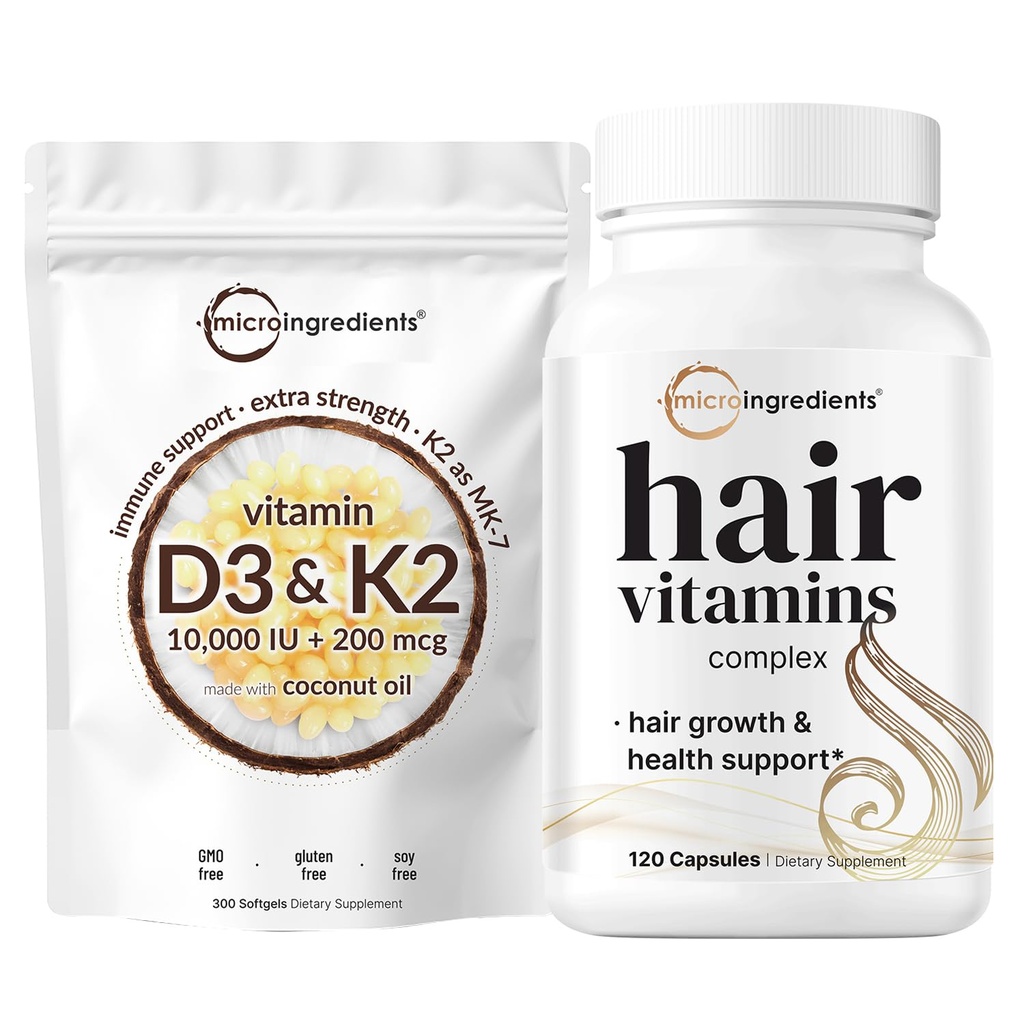 Micro Ingredients ויטמין D3 10,000o + K2 200mcg קוקוס שמן Softgels & שיער ויטמינים מורכבים קפסולות בונדלה 2 Pack