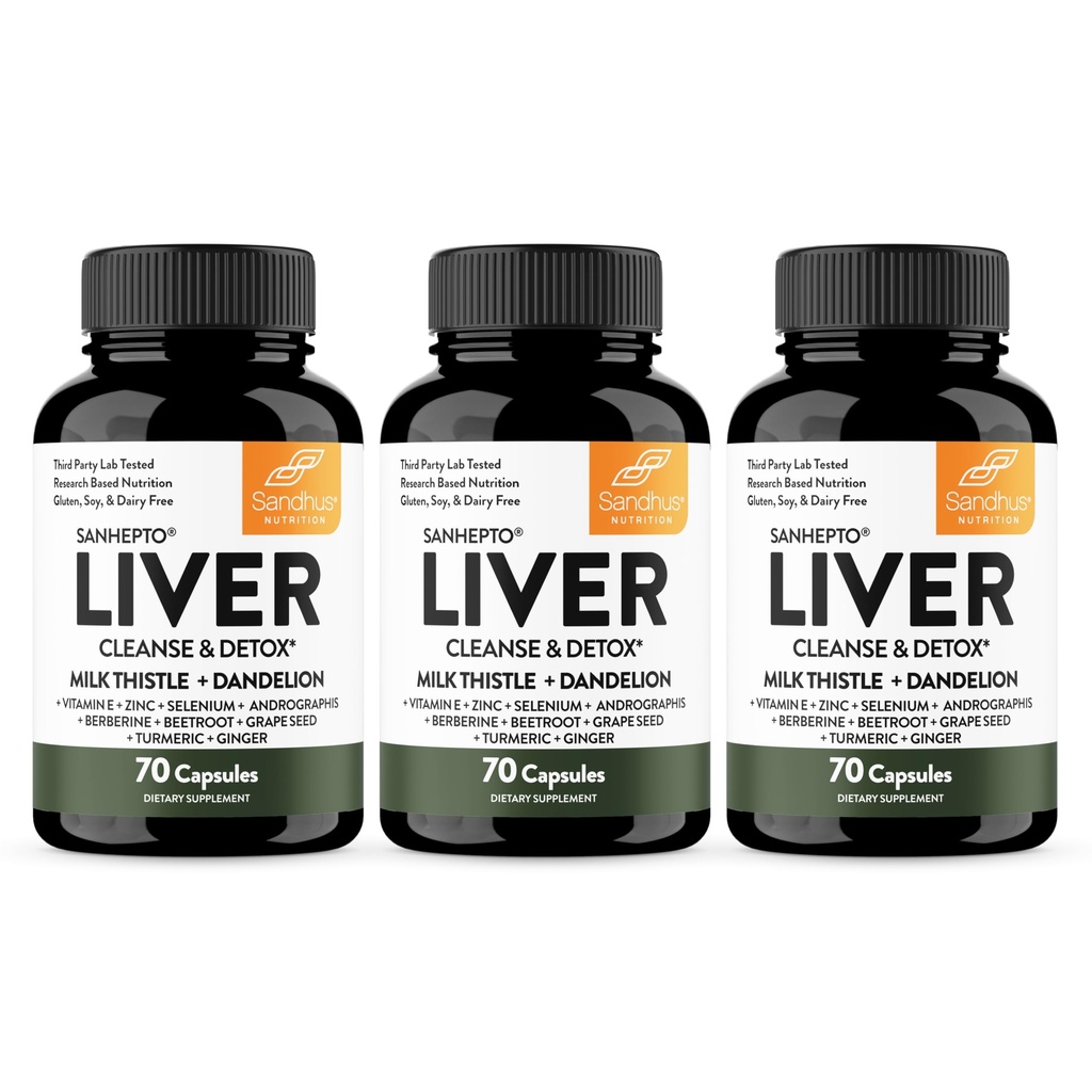 התמיכה של Sandhu's Liver Cleanse Detox & Fix Support; 70 קפסולות (Pack of 3) | תוספת צמחית לבריאות Liver | חלב Thistle Dandelion Root Andrographis עם 8 מינרלים