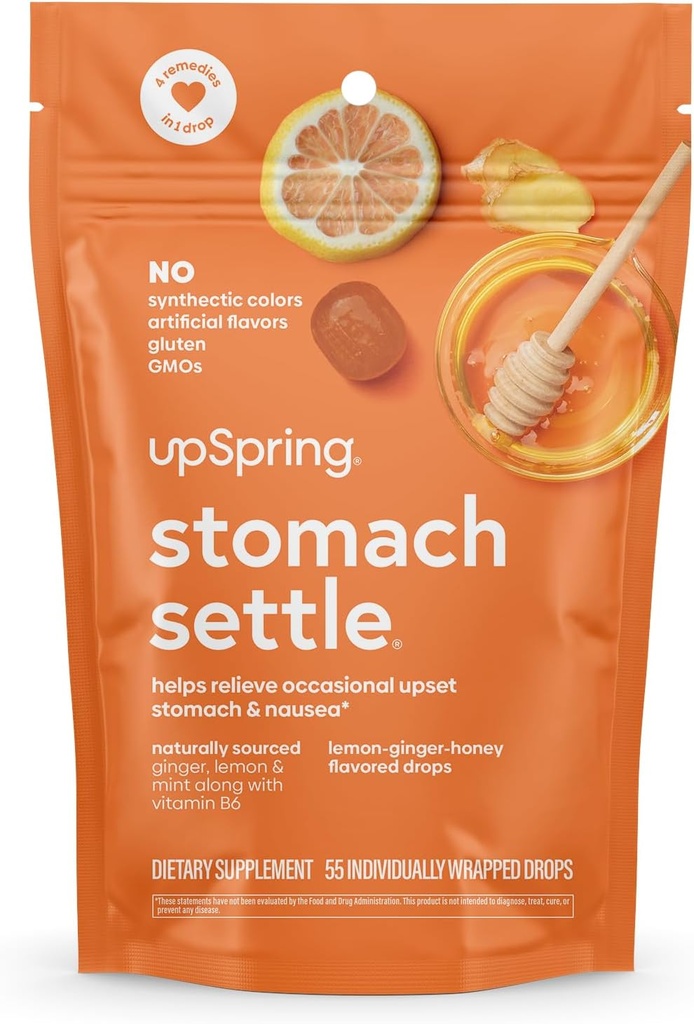 UpSpring Stomach Settle Drops for Occasional Nausea הקלה ותחלואה בוקר עם ג'ינג'ר, לימון, Spearmint ו B6. Individual Wrap Drops, 55 Ct(Packaging May Vary)