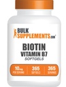 BulkSupplements.com Biotin 10000mcg Softgels - ויטמין B7, ויטמינים ביוטין לשיער, עור וציפורים, תוסף ביוטין -ten Free, 1 Softgel לכל המשרת, 365 Count (Pack of 1)