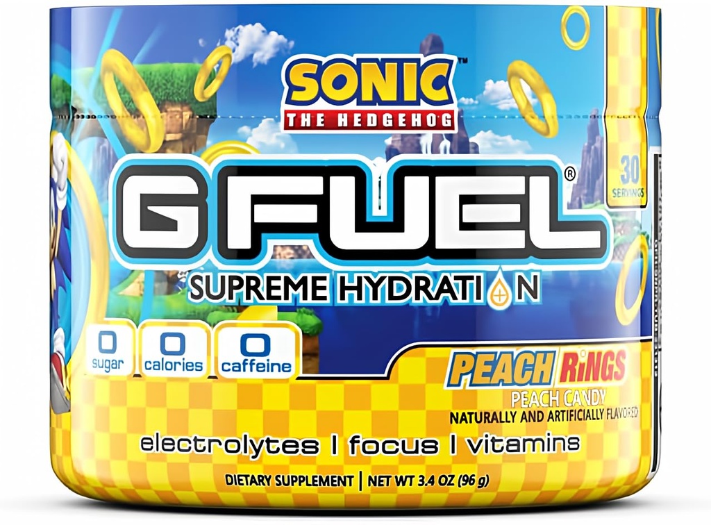 G דלק Sonic's Peach טבעות לחות עליונה, אבקת אלקטרוליטית לערבב עבור אנרגיה להתמקד, סוכר וקפאין תוספת חינם עם ויטמינים ומינרלים חיוניים, Peach Flavor, 3.4 oz - 30 משרתים