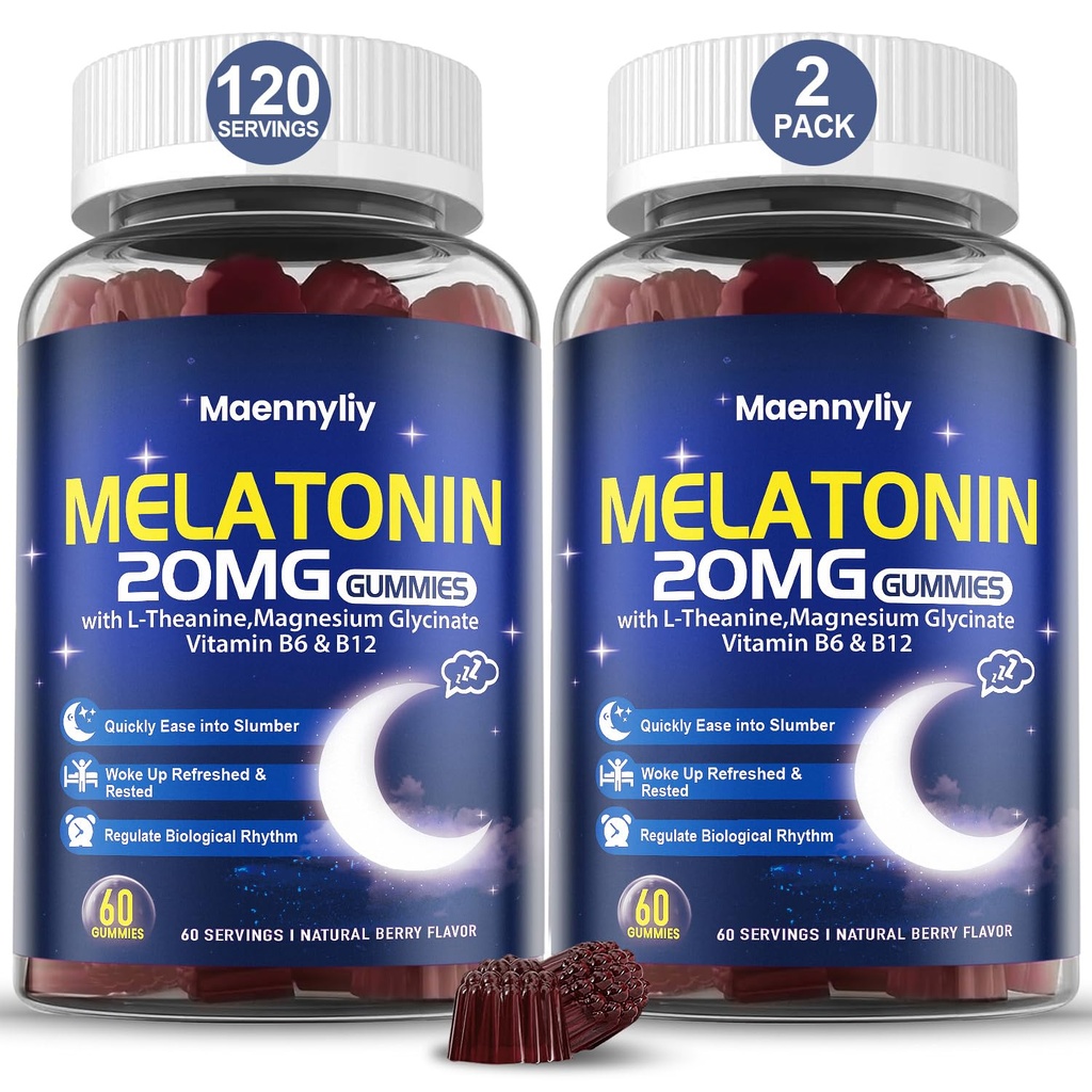 Mannyliy Melatonin 20 מ"ג חניכיים למבוגרים - סוכר חינם מלטונימיות מסטיק כוח נוסף עם L-theanine, Magnesium, Ashwagandha, Turmeric, D3 & Zinc - Non-Habit Forming Forming