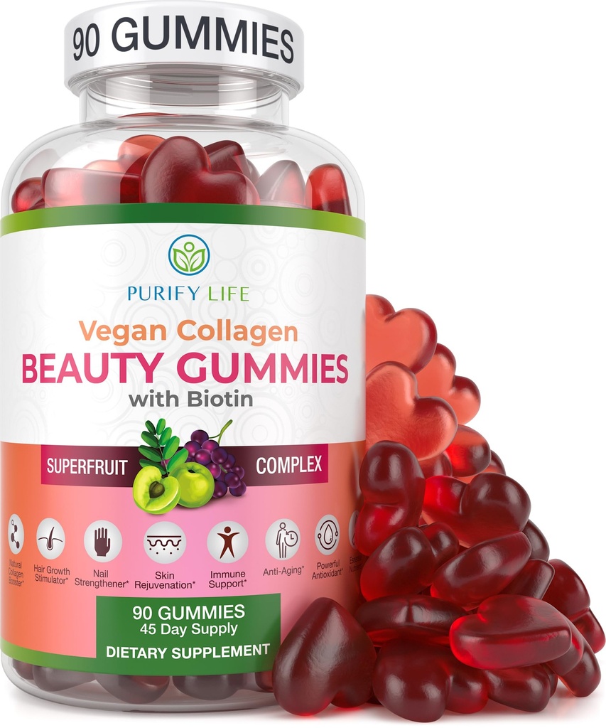 Purify Life Collagen Gummies עם ויטמין Biotin עבור שיער עור וניקס בריאות, (90 Chews) Collagen תמיכה סופרפרי מורכב עם Resveratrol, ויטמין A, E, C - קפסולות החלפת, גלולות