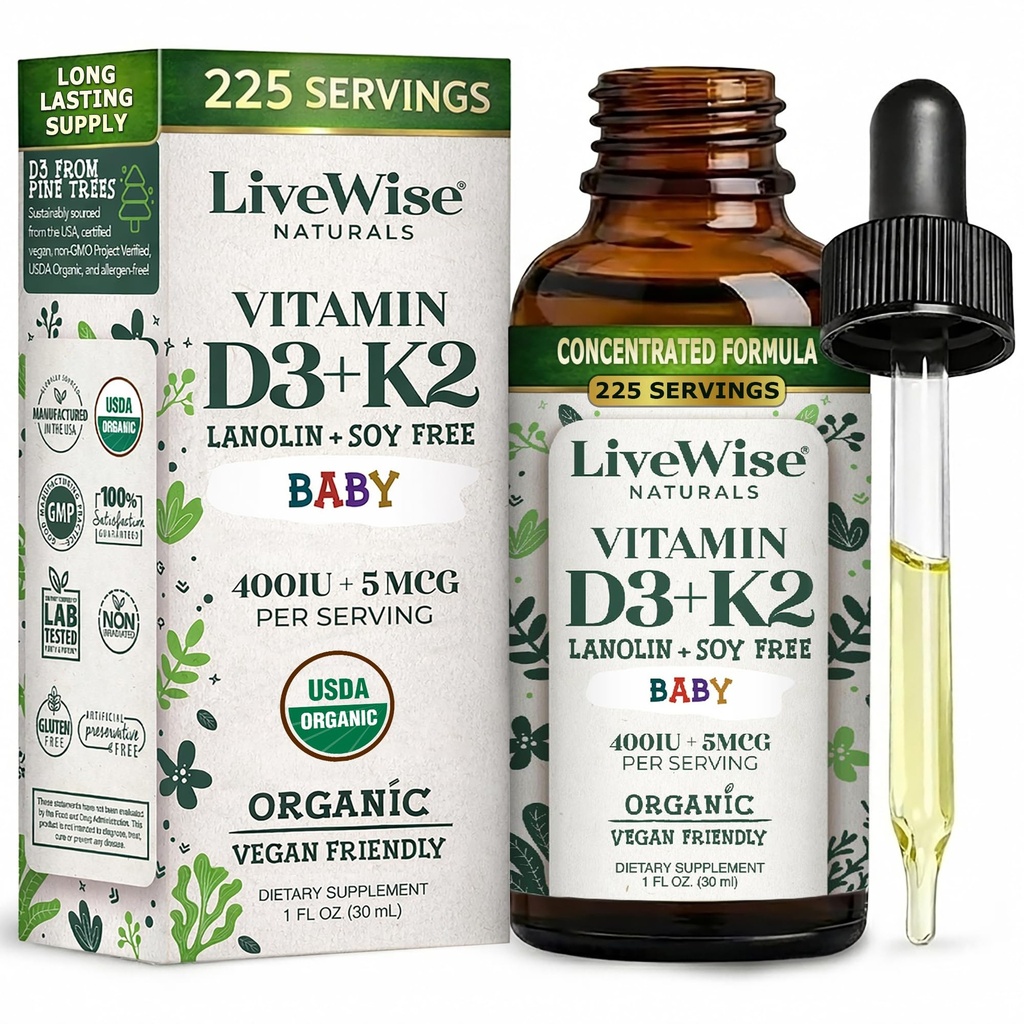 LiveWise Naturals Baby ויטמין D3-K2 נוזל תוסף, ויטמין טיפות לתינוקות ופעוטות, לצמיחה בריאה, פיתוח ו-Daily, Easy-to-Use Dropper בבקבוק זכוכית, 1 Fl Oz
