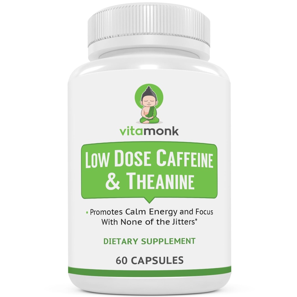 VitaMonk Low Dose Caffeine ו-Theanine - No Jitters, No Crash- Microdose of Caffeine L Theanine Pills with Caffeine Theanine and Theobromine - 25 מ"ג של Caffeine, Caffeine Pills L Theanine - 60 Caps Caps Caps L Theanine