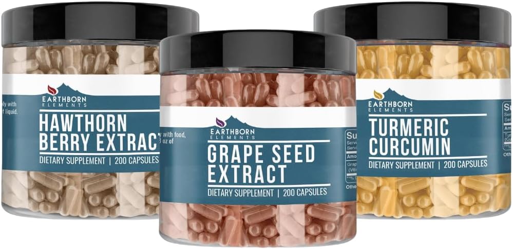 Earthborn Elements Grape Seed, הותרן ברי, ו Turmeric Curcumin קפסולת Bundle (200 קפסולות כל אחד), Pure & Undiluted, No Additivesives
