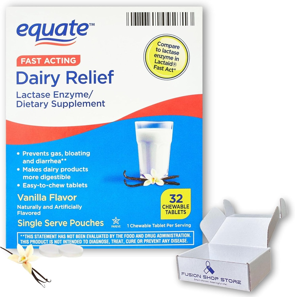 גלולת חלב עבור Lactose Intolerance - Equate Fast Acting Relief Vanilla Flavor, 32 טבליות לעסות, Lactaid Chewables, Lactase Enme (Pack of 1), Boxed by Fusion Shop