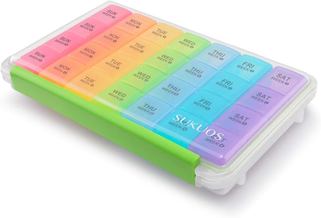 Sukuos חודשי גלולות מארגנת 28 יום, גדול Moisture-Resistant Pill Box Cases with Dust-Proof Box ו- Clear Lid עבור ויטמין / Fish Oil / Supplements, Easy to Open andנקי