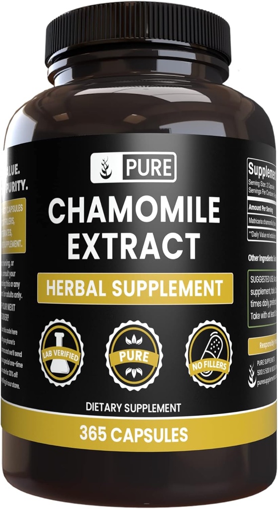מיצוי Chamomile (365 קפסולות) No Magnesium Or Rice Fillers, Always Pure, Lab מאומת