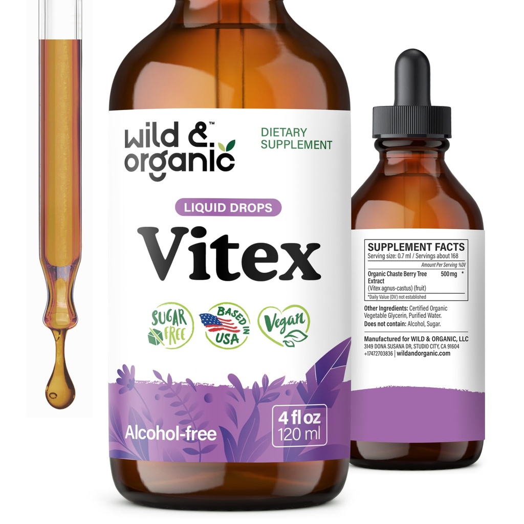 Wild & Organic Vitex Tincture - תוסף Vitex Chasteberry עבור נשים - נוזל צ'סטה עץ ברי חילוף עבור Good Mood - טבעוני, סוכר ואלכוהול חינם העדרים - 4 fl oz