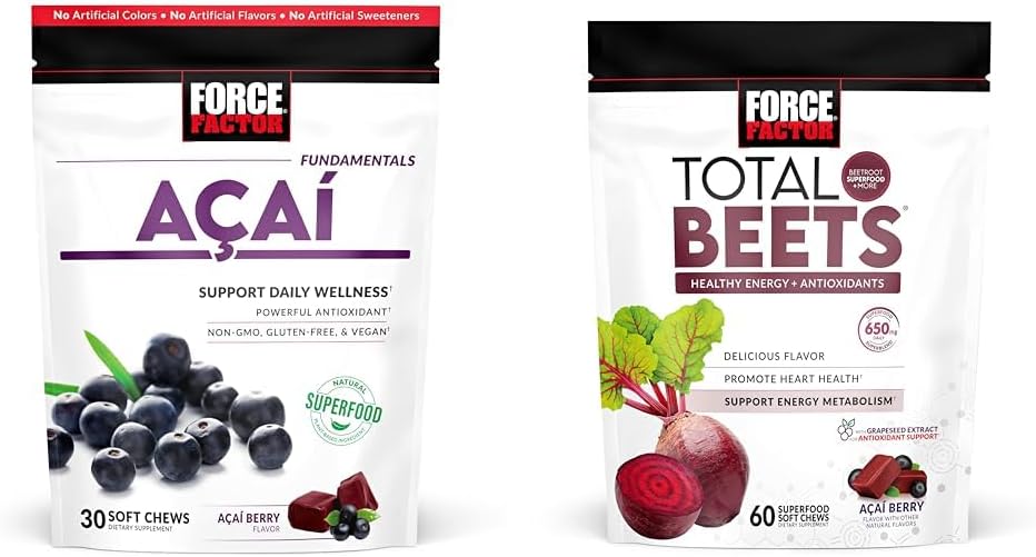 גורם כוח Acai Soft Chews for Immunity & Total Beets Soft Chews for Heart Love Energy, 30 & 60 צ'רדס
