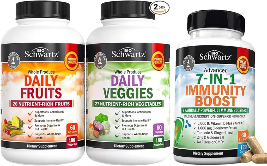 BioSchwartz Daily Fruits and Veggies תוספת לנשים וגברים (2 חודשים אספקה) בתוספת 7 ב 1 Immune תמיכה תוספת עם אנטי-חמצן (2 חודשים אספקה)