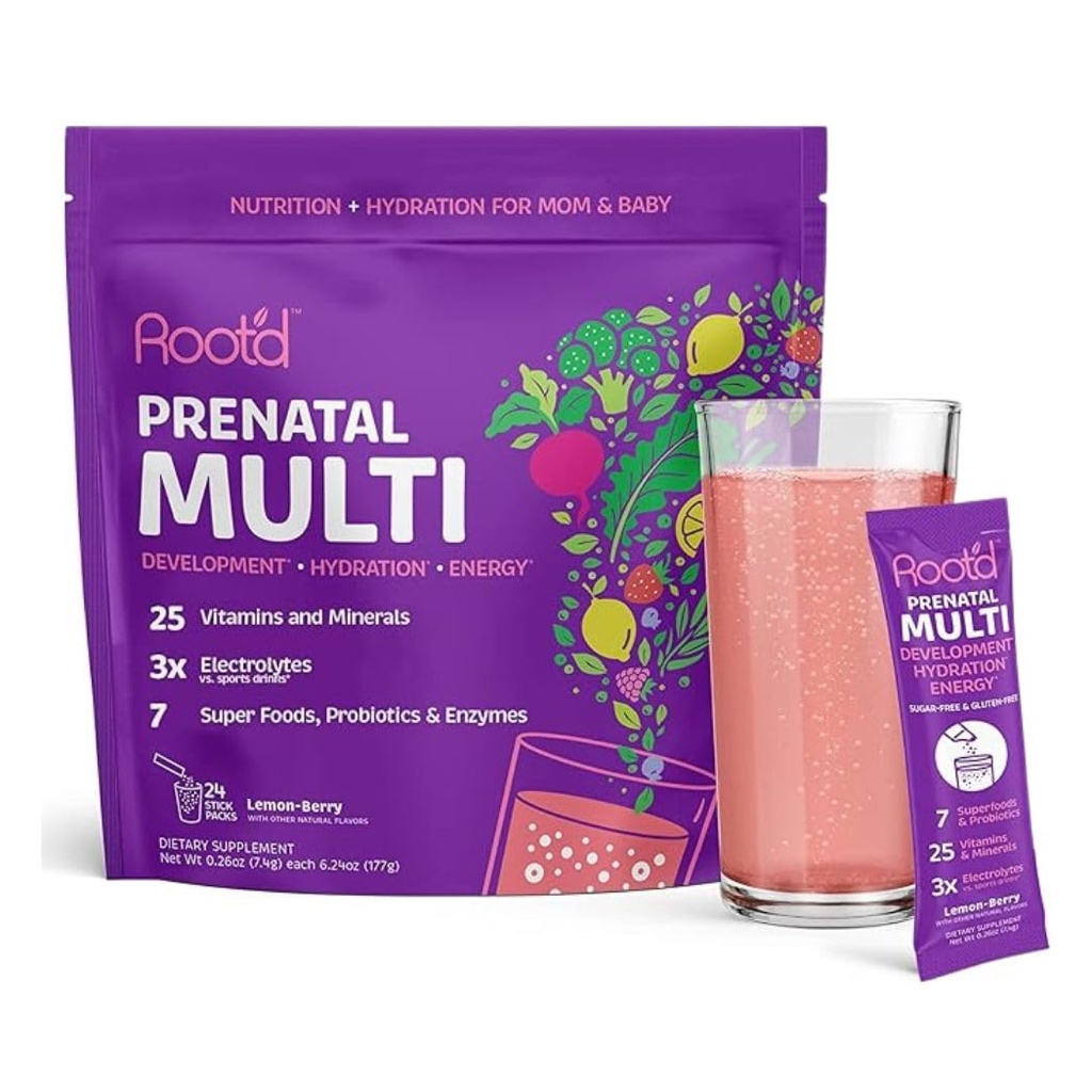 Root'd Prenatal Multivitamin אבקת עם 3X אלקטרוליטים - 25 ויטמינים ומינרלים, Folate, ברזל, ויטמין D3, 7 Superfoods & Probiotics, ויטמינים ללא סוכר ושיקום | 24 ויטמין שתיית משקאות Mix Packets
