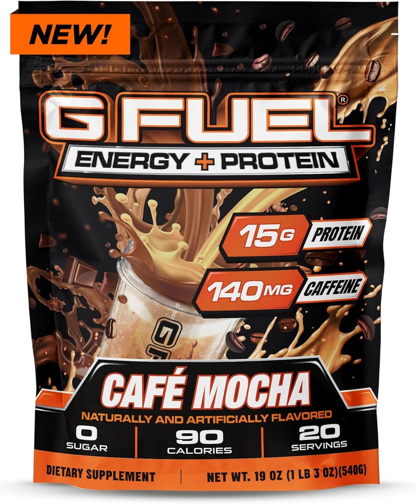חלבון דלק + אבקת משקאות אנרגיה, טרום עבודהout Caffeine Mix for Gaming, Sugar Free Focus Amino, ויטמין + Antioxidants, 19oz (Cafe Mocha, 20 משרתים)