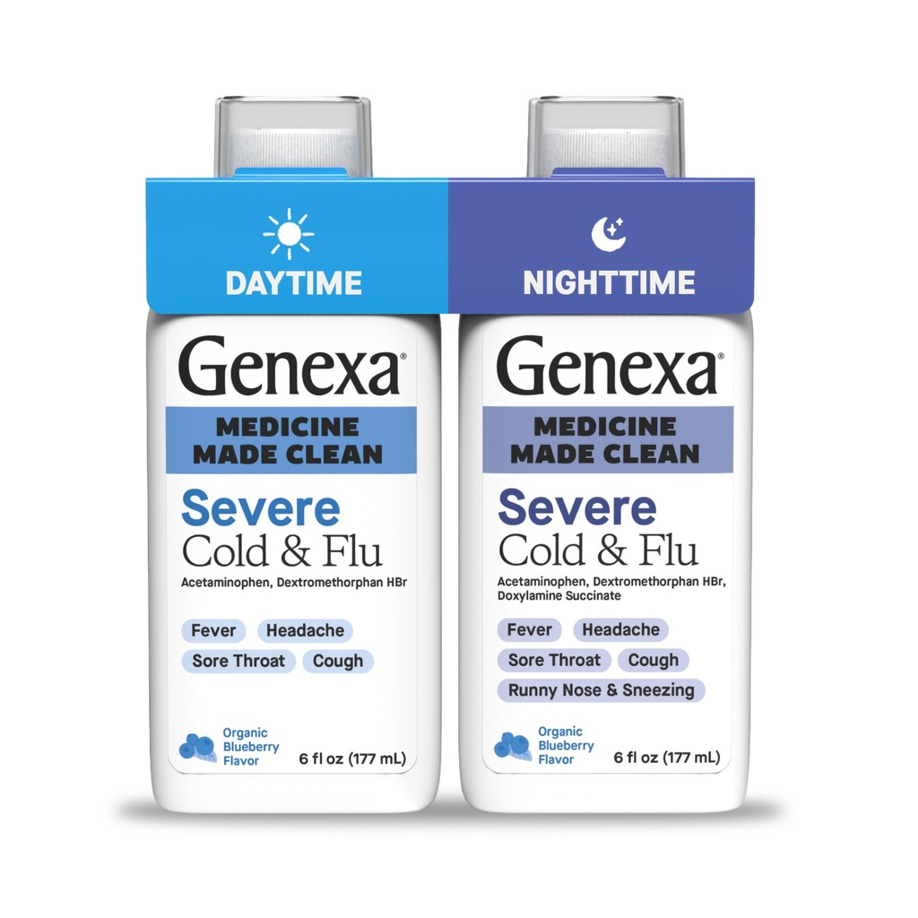 Genexa ניקוי Cold & Flu Daytime + Nighttime הקלה, Dye Free, 0% A מלאכותי Additives, Acetaminophen Fever מופחתr, Cough Suppressant, Antihistamine, אורגני Blueberry פלאמור, 12 fl oz (2 Pack)