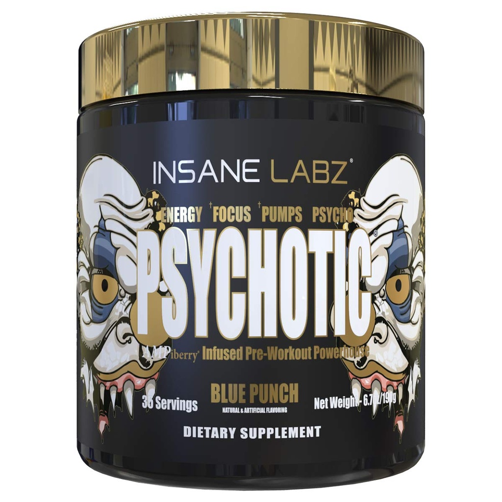 Insane Labz Psychotic Gold, High Stimulant Pre Workout אבקה, אנרגיה מתקדמת ממוקדת, משאבות וסוף עם אלן Betaine, DMAE Bitartrate, no Booster (35 משרתים, Blue Punch)