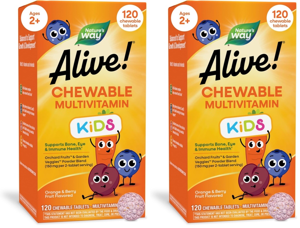 הדרך של הטבע חי! יום הילדים Chewable Multivitamin, תומך העצם, עין, Immune בריאות*, כתום & ברי פירות פלבודורed, Gluten Free, 120 טבליות צ'כות (Packing May Vary) (Pack of 2)