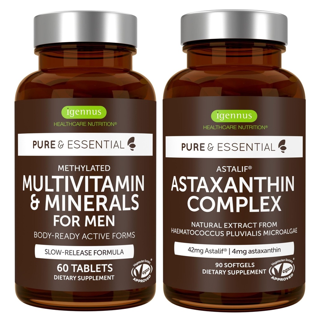 Multivitamin & מינרלים לגברים + Astaxanthin Complex Vegan Bundle, Sustained לשחרר מתקדם Multivitamin + 4 מ"ר Pluvialis טבעי Astaxanthin, על ידי Igennusss