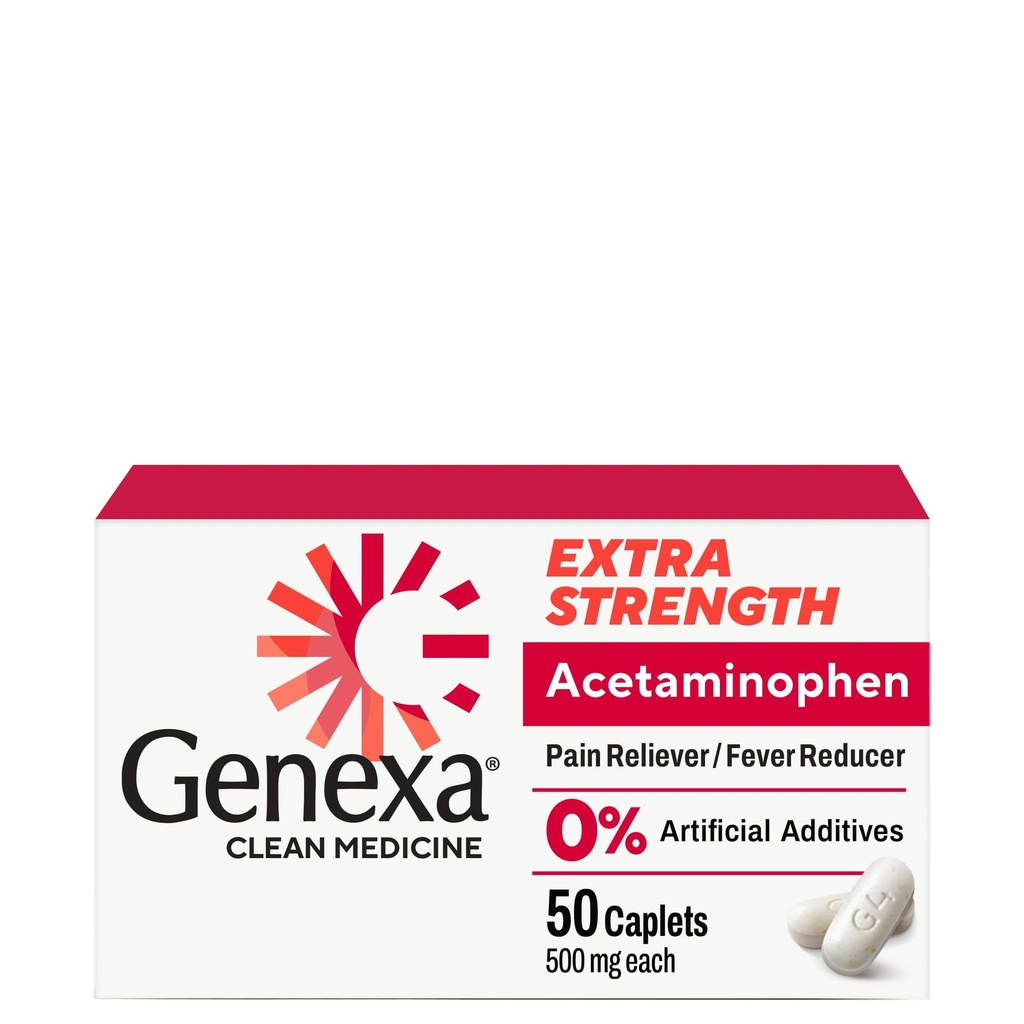 Genexa ניקוי Acetaminophen 500 מ"ג כוח נוסף, Dye Free Pain Reliever Fever צמצם, 0% Artificial Additives, Pain Medicine for Adults, Relieves Headache, Backache, Minor Arthritis כאב, 50 טבליות