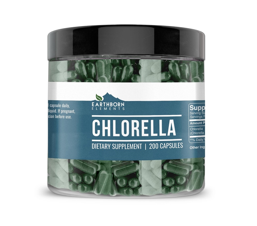Earthborn Elements Chlorella 200 קפסולות, Pure & Undiluted, No Additives