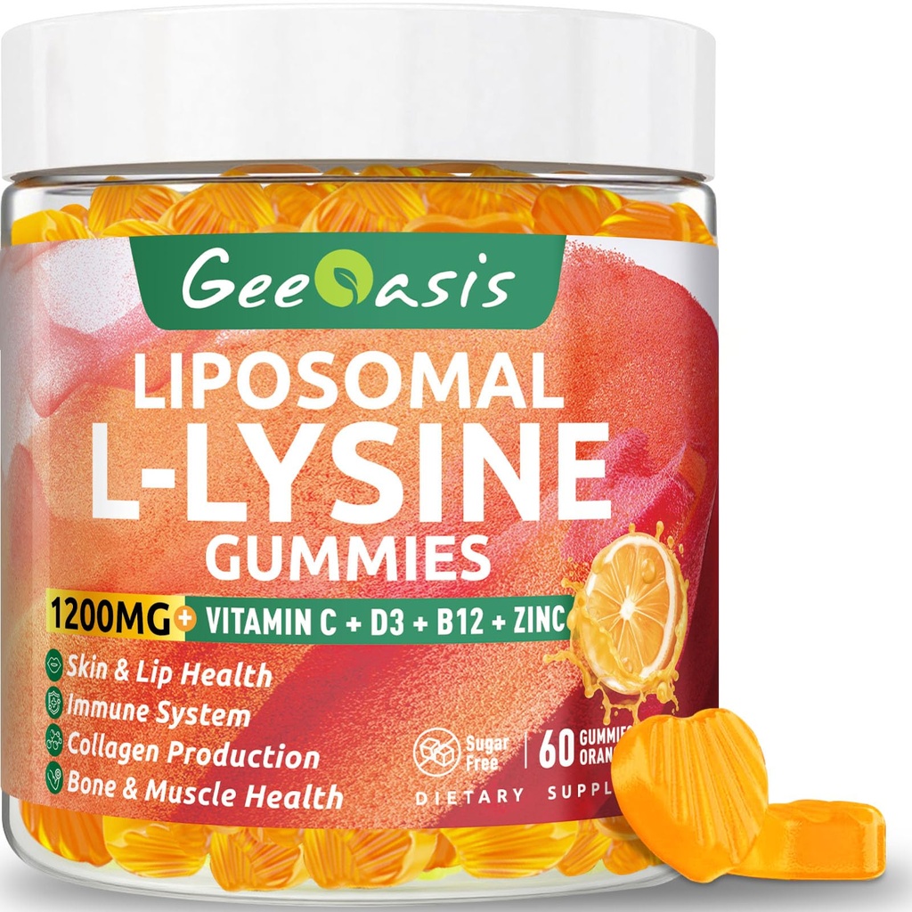 Liposomal L-lysine Gummies 1200 מ"ג, Lysine Chewable תוסף עם ויטמין C, D3, B12 & Zinc for Adults & Kids, Immune & Collagen Support, Lips & Skin Health, טבעוני, פירות טבעיים, 60CT