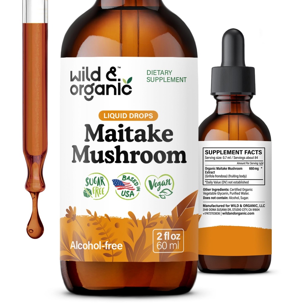 Wild & Organic Maitake Mushroom Drops - תוספת נוזלי Mushroom לתמיכה Immune - Maitake Extract Tincture - טבעוני, סוכר ואלכוהול חינם - 2 oz