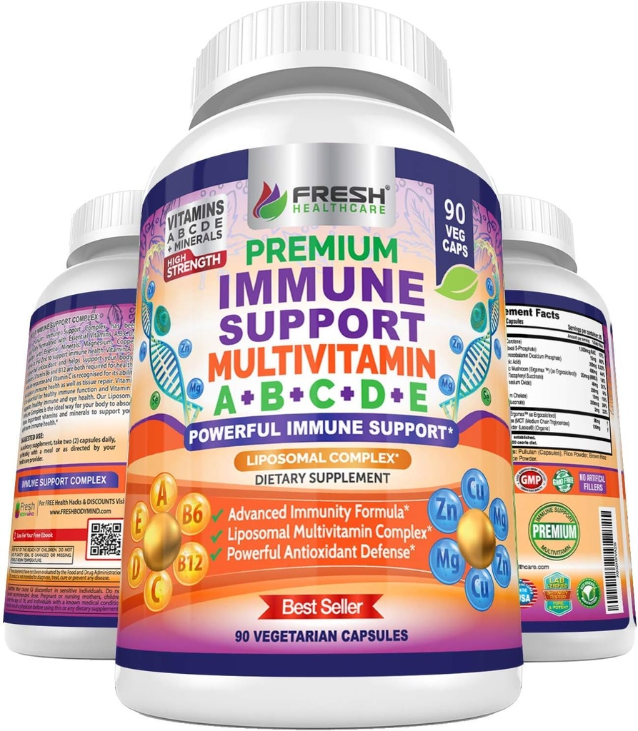 Immune תומך Multivitamin עבור גברים ונשים עם ויטמין A, B, C, D, E, B6, B12 - Zinc, Magnesium ו-Copper עם תרכובת Liposomal עבור Absorption משופרת - Daily Antioxidant Boost - 90 טבעונים Caps