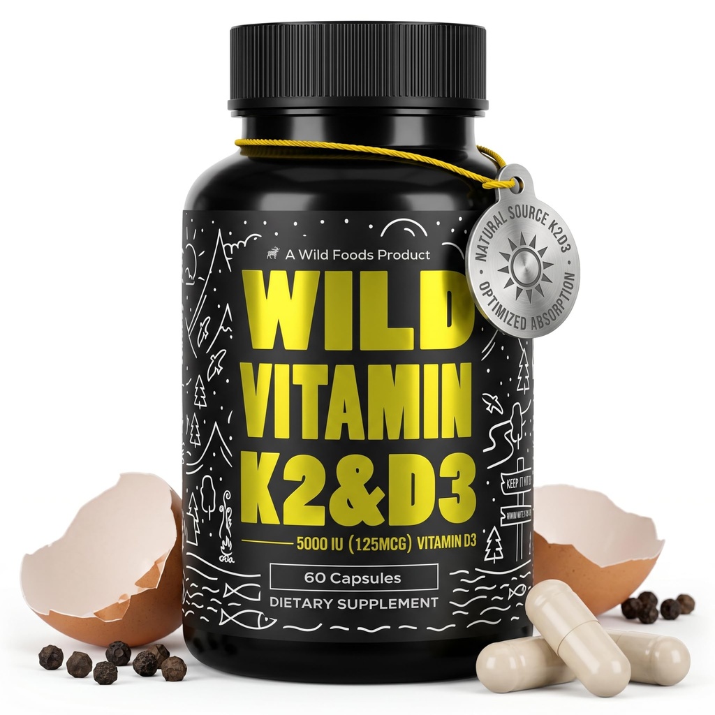 מזונות פרועים 5000iu ויטמין D3 + K2 | (100mcg Mk7) עם Black Pepper Extract, Plant-based, non-GMO, Soy & Gluten-Free | Dietary | Made in USA | 60 קפסולות