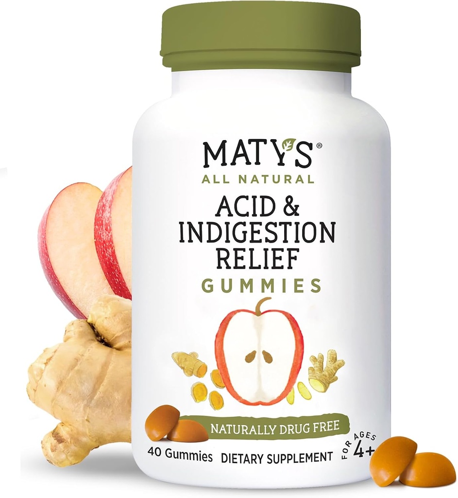 Matys Acid & Indigestion סיוע חניכיים, Safe Antacid עבור Occasional Acid Reflux & Heartburn במבוגרים & ילדים 4 שנים מבוגר +, סוכר נמוך, Gluten חינם, חניכיים טבעונית מיוצר עם Apple Cider Vinegar, 40 ספירה ספירת 40 ספירה ספירה