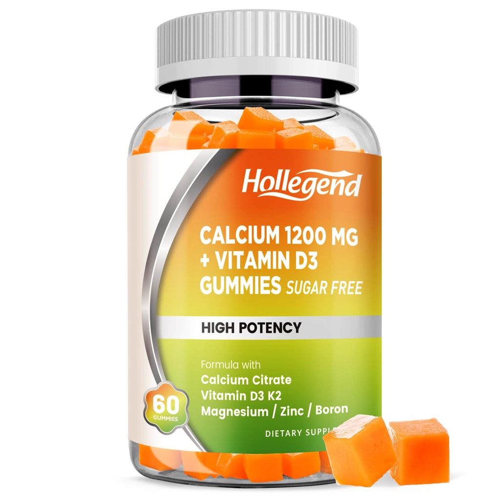 Calcium 1200 מ"ג עם ויטמין D3 חניכיים, Calcium Citrate Chewables עם Magnesium Zinc ויטמין K2 Boron, Bone Health, Sugar Free, 60 Count