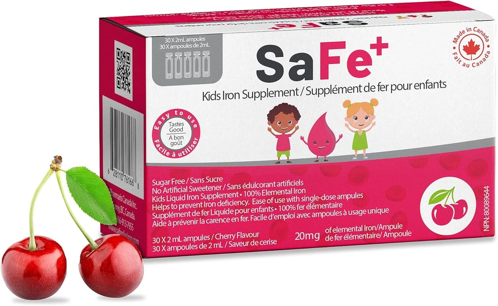 SaFe+ נוזל ברזל לילדים | Great Tasting Cherry Flavor | Easy to Use 20mg/2mL Iron per ampule | 30 Unit-Doses (2 מ"ל) I Sugar Free & Allergen Free I Keep Physical and Mental WellBeing