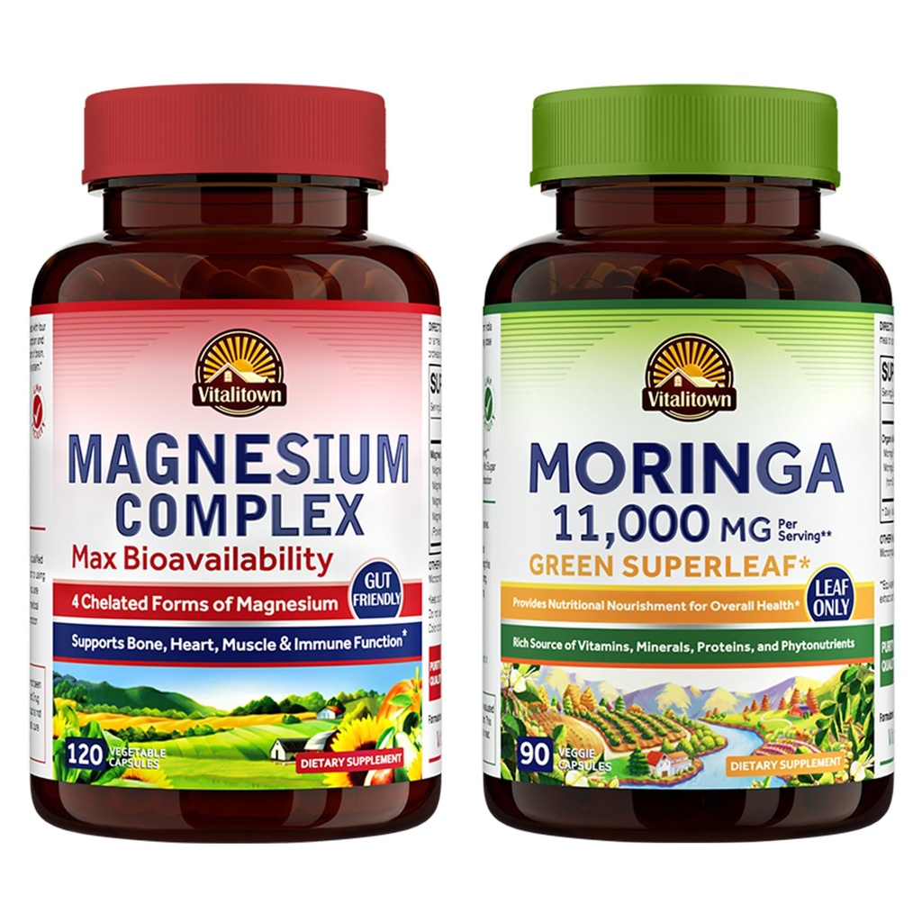 Vitalitown Magnesium + Moringa Bundle (Pack of 2) | Magnesium Complex (Item 1) & Moringa (Item 2) | 120 מגהנסיום קפסולות ו-90 מורגינגה קפסולות
