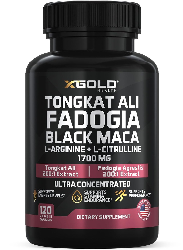 X Goldטונגkat Ali + Fadogia Agrestis + Black Maca - אנרגיה, Vitality & Stamina Booster for Men & Women Made בארה"ב