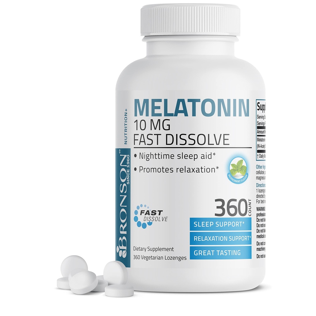 ברוונסון מלטונין 10 MG Fast Dissolve Peppermint Tablet, מקדם הירגעות, 360 Chewable Vegetarian Lozenges