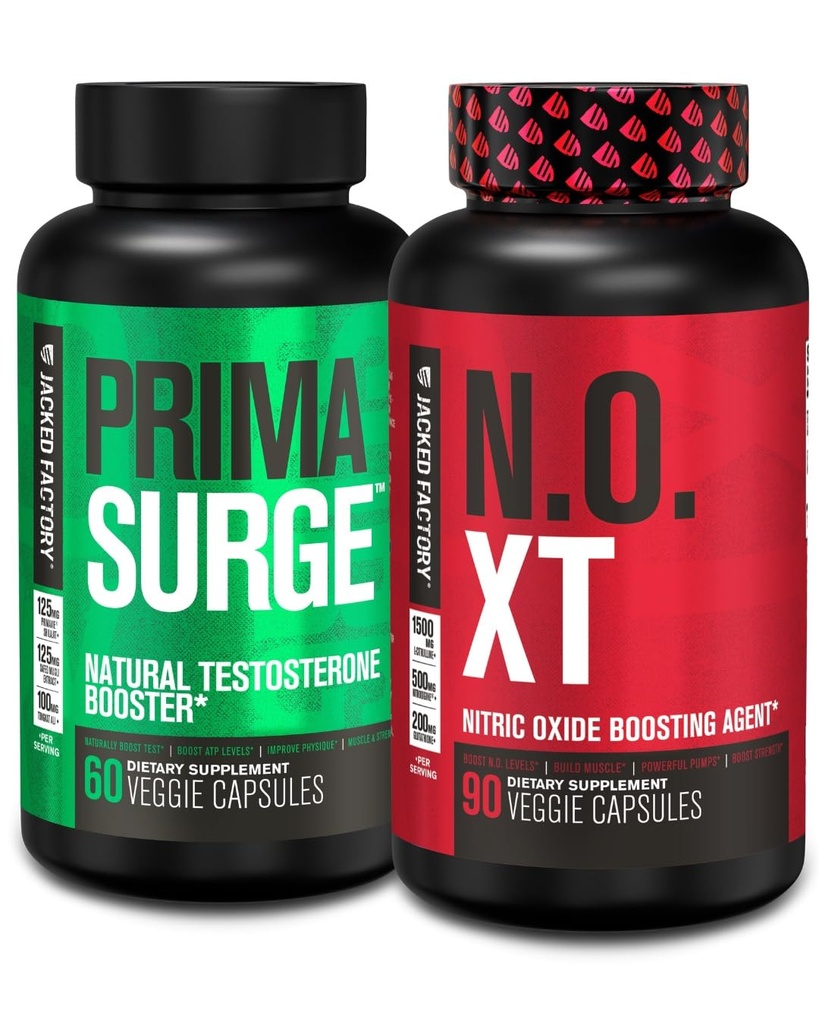 Jacked Factory טסטוסטרון Booster for Men PRIMASURGE (60 קפסולות) & N.O. XT Nitric Oxide תוסף (90 קפסולות) עבור צמיחה שרירים, משאבות ואנרגיה