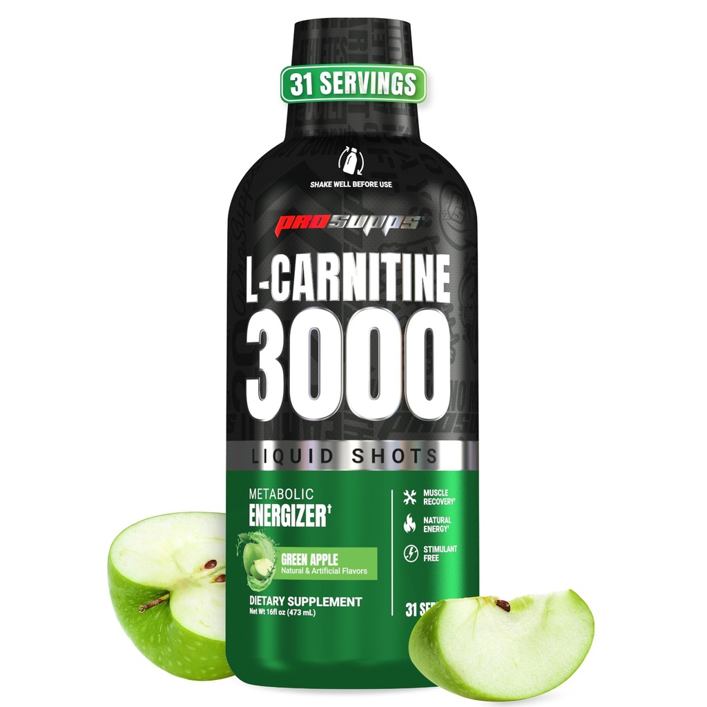 ProSUPPS L-Carnitine נוזלי 3000, Stimulant-Free Shots for Men & Women - משקה עבודה נקי לאנרגיה, ביצועים ושיקום שרירים - No Sugar, No Carbs - 31 משרתים, Apple ירוק