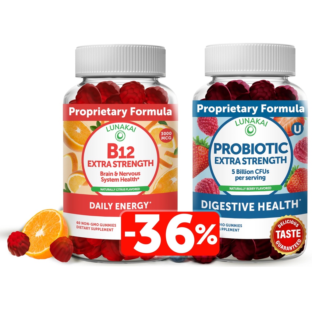 לונוקאי ויטמין B12 ו- Probiotics Bundle - 3000 mcg Gummy for Adults Energy Support and Bone Health - 5 מיליארד CFUs Per משרת for Digestive Gut Health with C for Women & Men